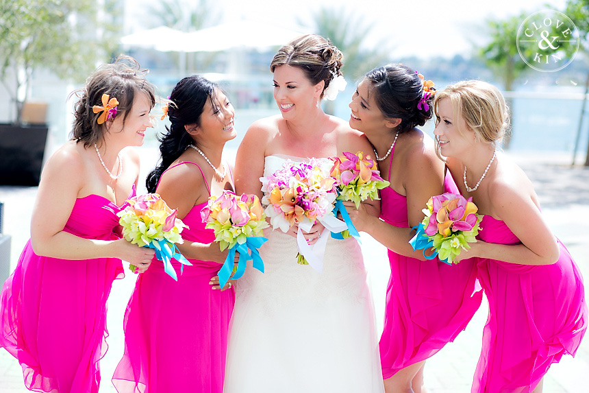 Bayfront Wedding, downtown wedding, downtown, Hilton, bay, tropical, sandals, pink, pink dresses, warm, getaway, bright, gorgeous flowers, beautiful flowers, sushi, delicious