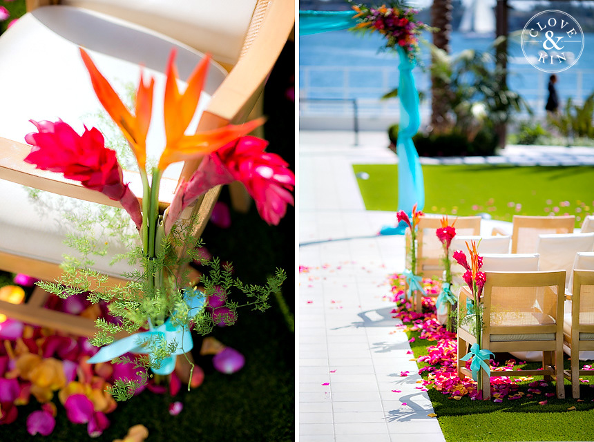 Bayfront Wedding, downtown wedding, downtown, Hilton, bay, tropical, sandals, pink, pink dresses, warm, getaway, bright, gorgeous flowers, beautiful flowers, sushi, delicious
